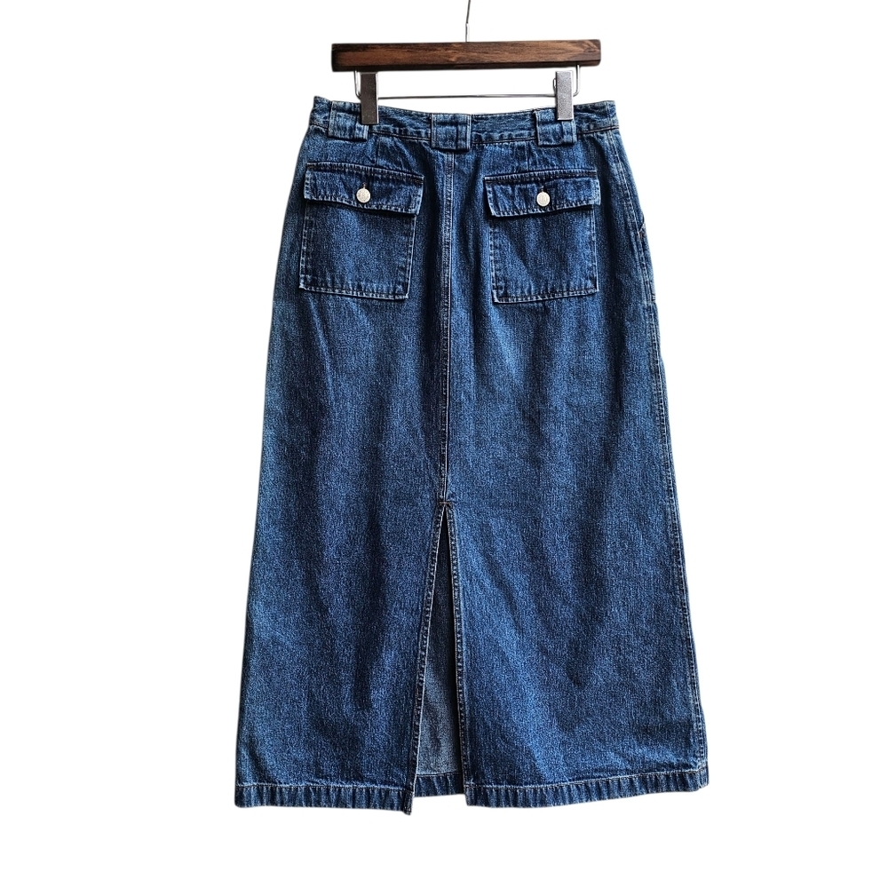Vintage BASS Blue Denim Midi Skirt with Front Cargo Pockets Back Slit Size 6 - Picture 2 of 12